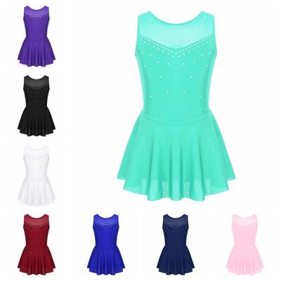 Kids Girls Sleeveless Sparkly Rhinestone Tulle Back Figure Ice Skating Roller Skating Ballet Dance Leotard Dress