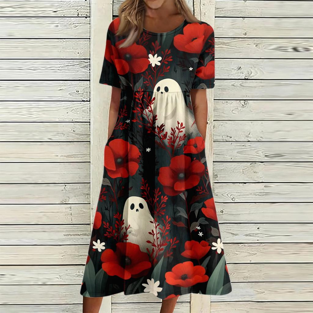 Women's Casual Halloween Printed Dress Short Sleeve Round Neck Pocket Midi Dress Plaid Pattern Comfortable Fit