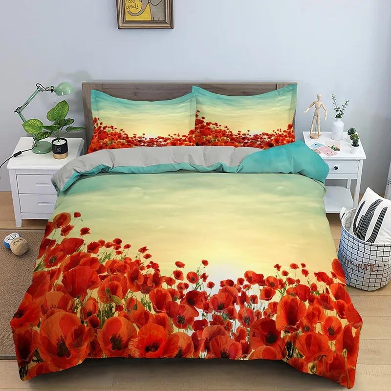 Red Floral Duvet Cover Poppy Flowers Print Comforter Cover for Girls Teens Flower Bedding Set Botanical Branches Bedspread Cover