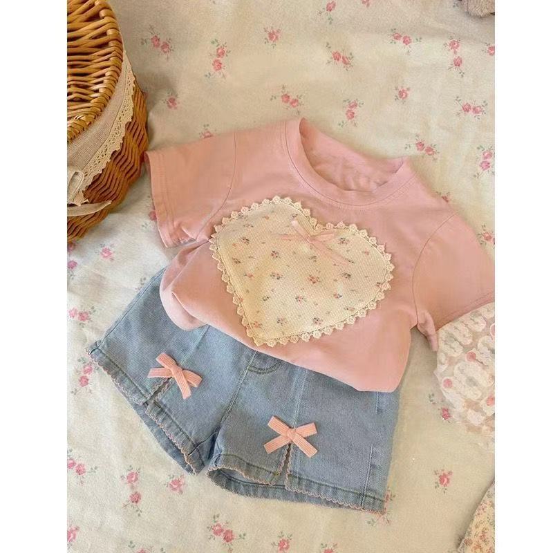 Girls Summer Fashion Set Pink Bow Short Sleeve Top And Denim Shorts Two Piece Outfit For Kids Casual Trendy Clothing