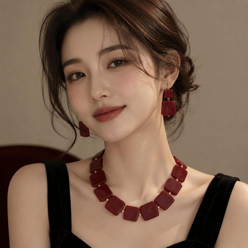 Wine Red Stud Earrings Resin Neck Chain Retro Necklace Earrings Set  for Women