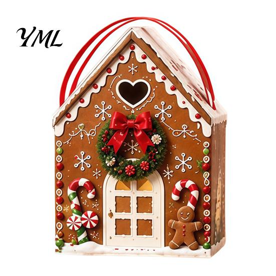 Small Holiday Surprise Boxes Christmas Wonderland Cottage Gift Box, House Shaped Paper Treat Boxes, Eve Containers Snack Holder with Handle