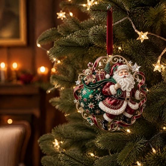 Festive Home Accents Cute Santa Christmas Ornaments, 2D Flat Acrylic Claus Hanging Durable Festival Ornaments Decoration for Holiday Tree, Indoor,
