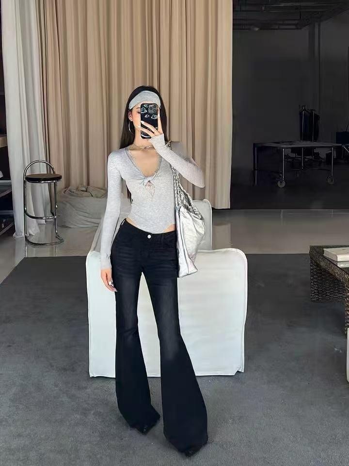 Women's High Waist Flared Wide Leg Jeans - Retro Horseshoe Design for Autumn/Winter