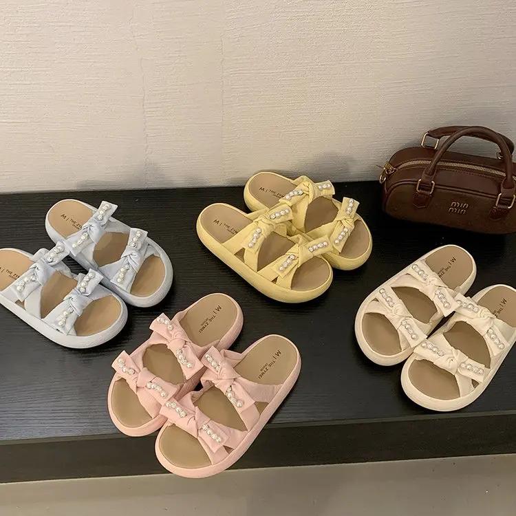 Shoes House Slippers Platform Slides Fashion String Bead Slipers Women Butterfly-Knot Flat Luxury Summer Soft 2025  String Bead