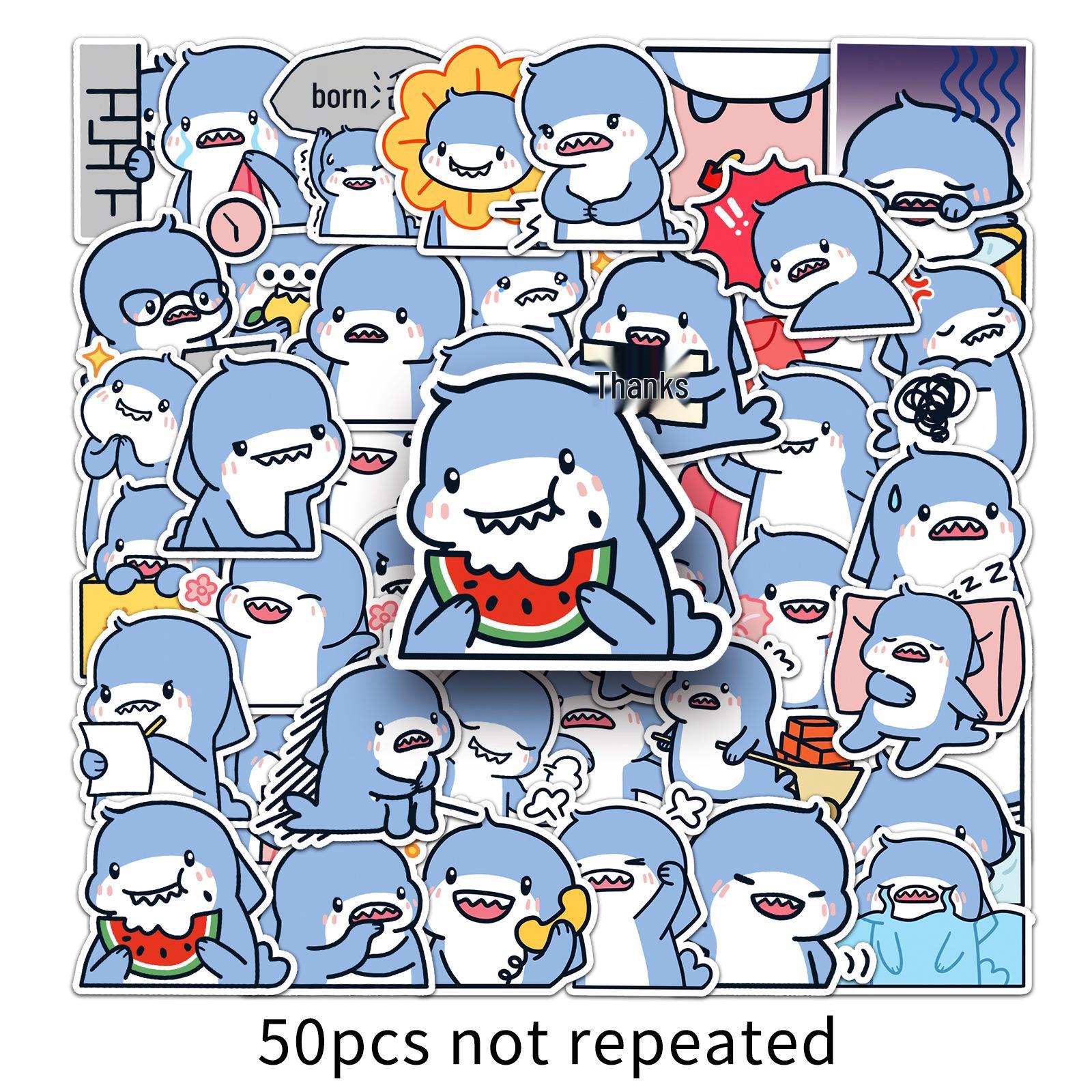 50PCS Hand-Drawn Cute Chubby Shark Stickers for DIY, Stationery, and Planner Crafts