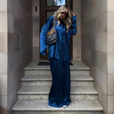 Fashion Loose Blue Satin 2 Piece Sets Women Outfit 2025 Spring Elegant Long Sleeve Lace Up Shirt with High Waist Wide Pants Set Female