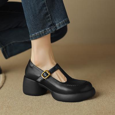 Scarpe Singole da Donna di Alta Qualità con Tacco Quadrato a Suola Spessa Antiscivolo con Fibbia alla Moda Versatili Comode Traspiranti Resistenti all'Usura