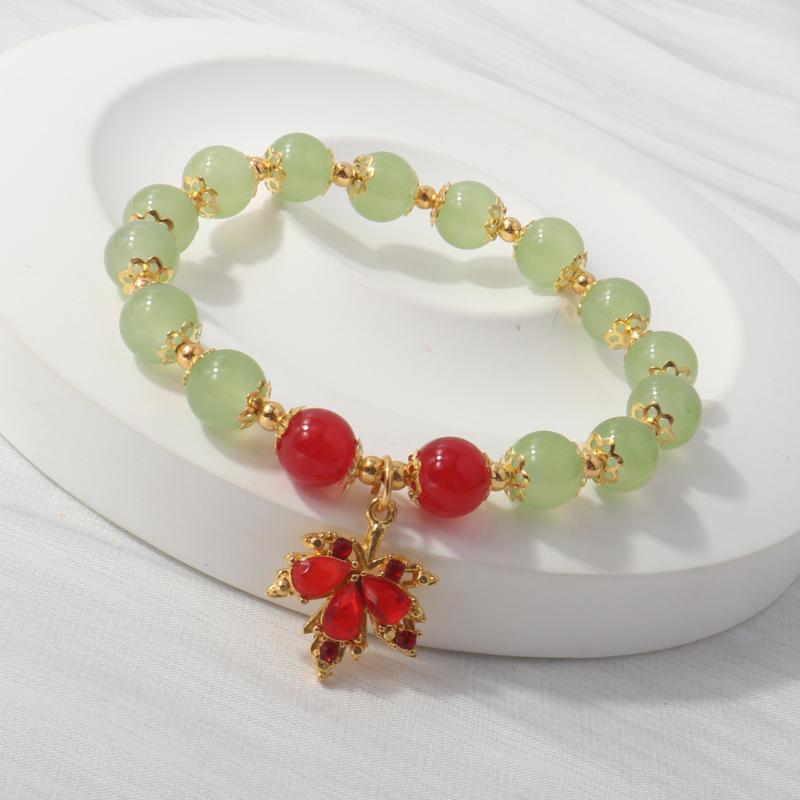 Chic Leaf Themed Red Jade Beads Bracelet for Women Ideal Jewelry Gift 1Pcs