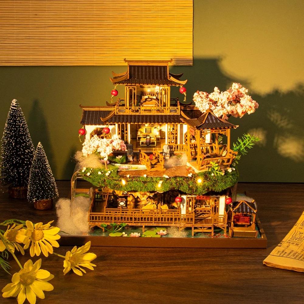 Dřevěné domečky pro víly pro kutily Miniaturní stavebnice Starověký čínský domeček pro panenky Casa s nábytkem 3D puzzle jako dárky pro přátele