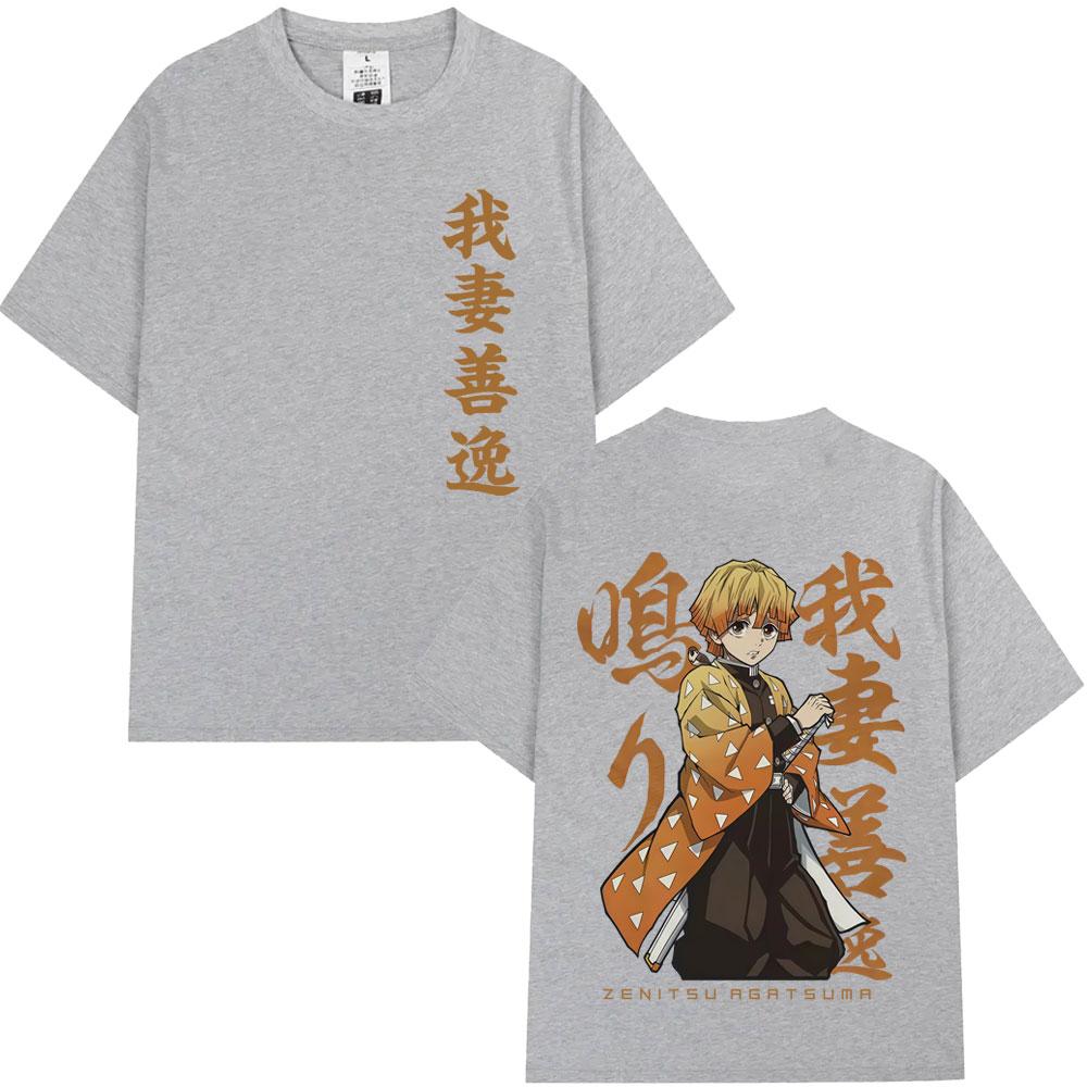 Anime Demon Slayer Agatsuma Zenitsu Double Sided Print T Shirt Men Women Fashion Oversized Short Sleeve Tshirts Male Streetwear