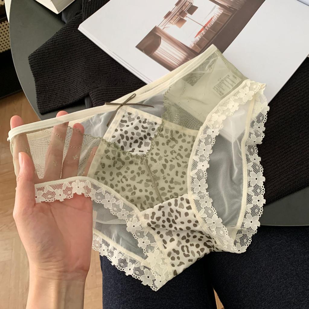 Lady Summer Sexy Leopard Print Pure Want Hollow Lace Lengthen Crotch In Low Waist Triangle Briefs