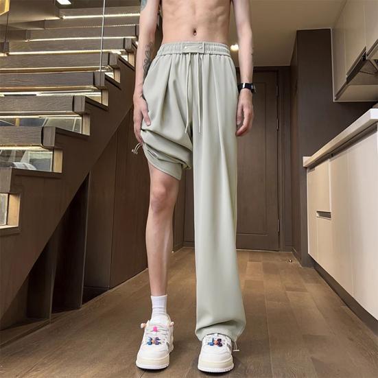 Men Pants Drawstring Waist Casual Trousers Solid Color Regular Style Long Pants with Reinforced Pockets Daily Wear