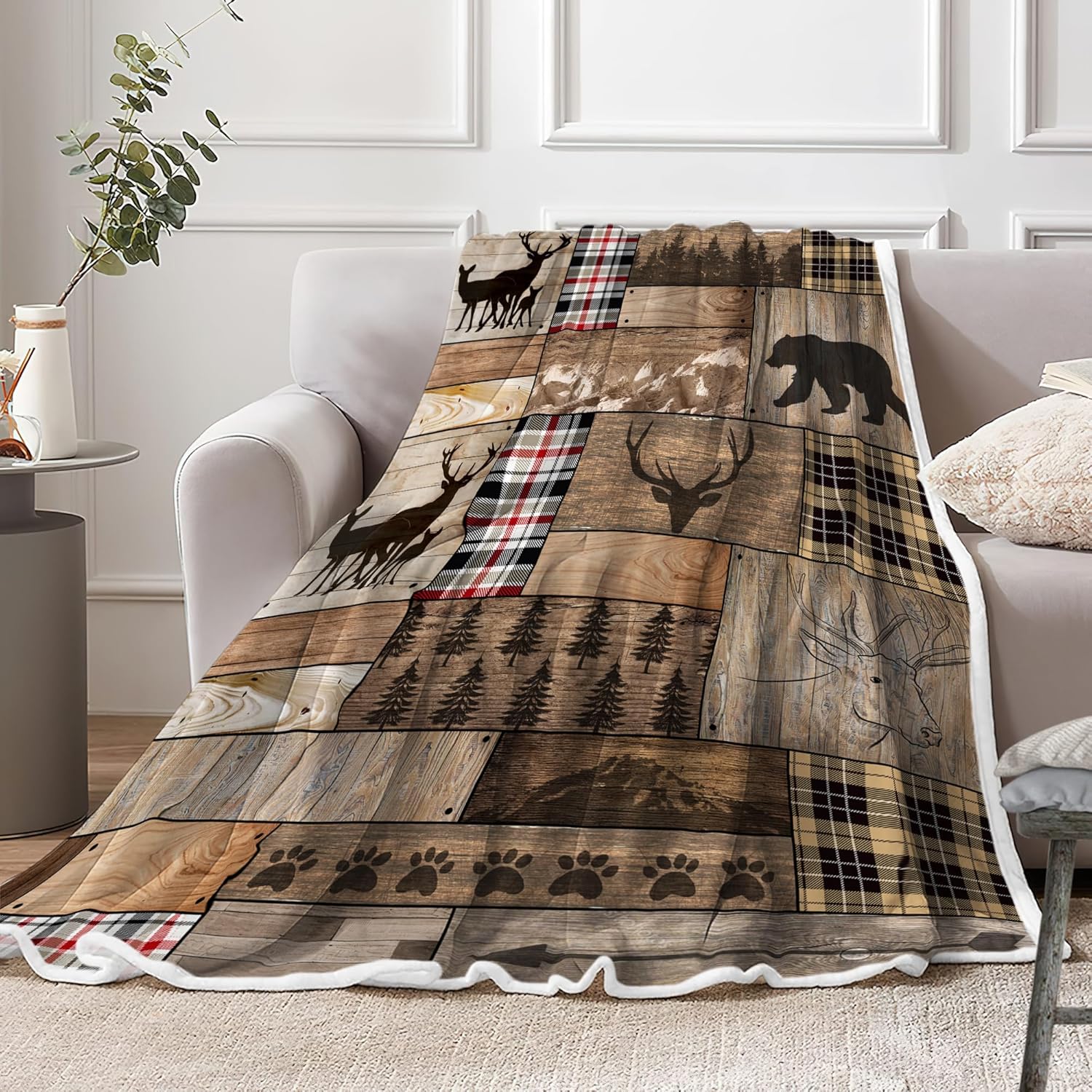Rustic Farmhouse Throw Blanket Cozy Warm Deer Bear Sports Fleece Flannel for Couch Bed Country Wooden Hunting Camping Forest Dec