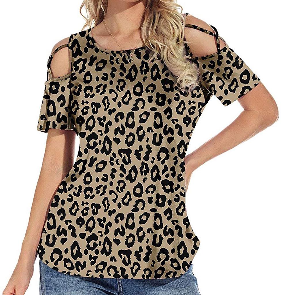 Women's Summer Printing Short Sleeve Strappy Cold Shoulder T-Shirt Tops Blouses