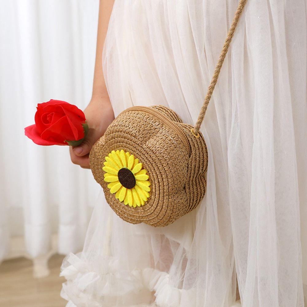 Ανθεκτική Ψάθινη Τσάντα Crossbody Πλεκτό Πορτοφολάκι Λουλούδι Χειροτσάντα Κοριτσιών Παιδική Τσάντα Ώμου Messenger Καλοκαιρινή Χαριτωμένη Μίνι Τσάντα Πριγκίπισσας