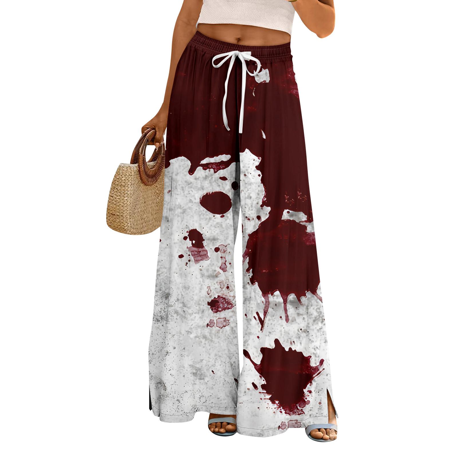 

Женские летние брюки палаццо в стиле бохо с высокой талией и широкими штанинами, с принтом на Хэллоуин, повседневные брюки с карманами S винный