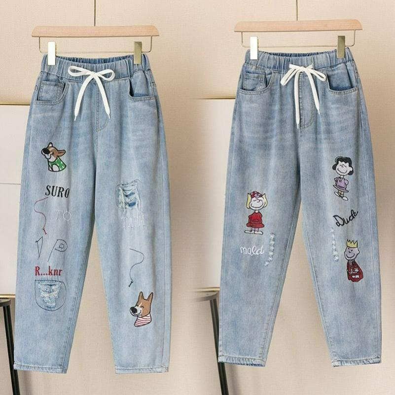 Embroidered Jeans Women's Loose Straight Elastic Waist College Style Retro Literary Trousers Spring and Autumn Nine-point Pants