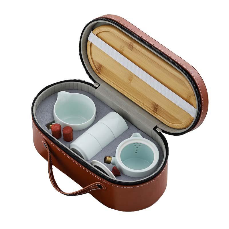 Gift travel tea set, portable bag, ceramic side handle pot, outdoor pot, three cups, simple gift for customers