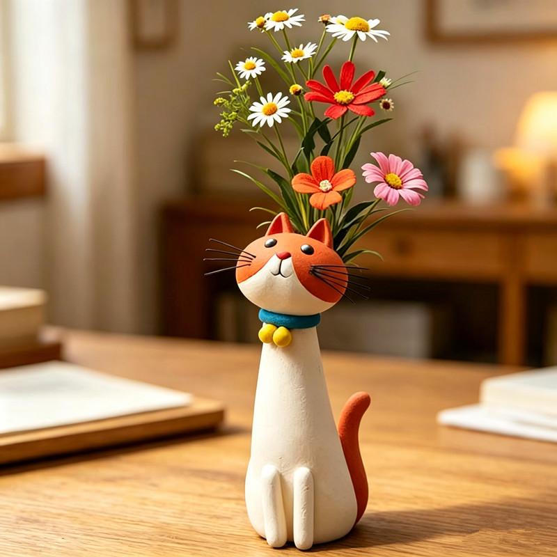 Cat Shaped Resin Vase Cute 1PC Long Neck Cat Animal Ornament Flower Pot Perfect for Living Room Shelf