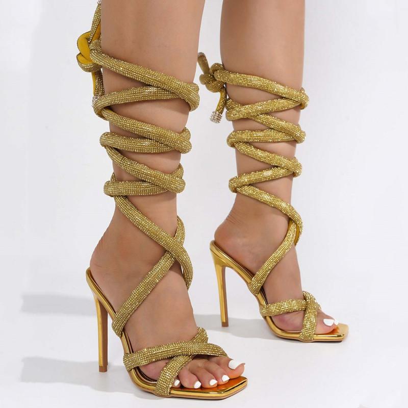 Fashion Luxury Rhinestones Women Sandals Sexy Ankle Strap Cross-tied Thin High Heeled Gladiator Sandals Fashion Summer Party Prom Shoes