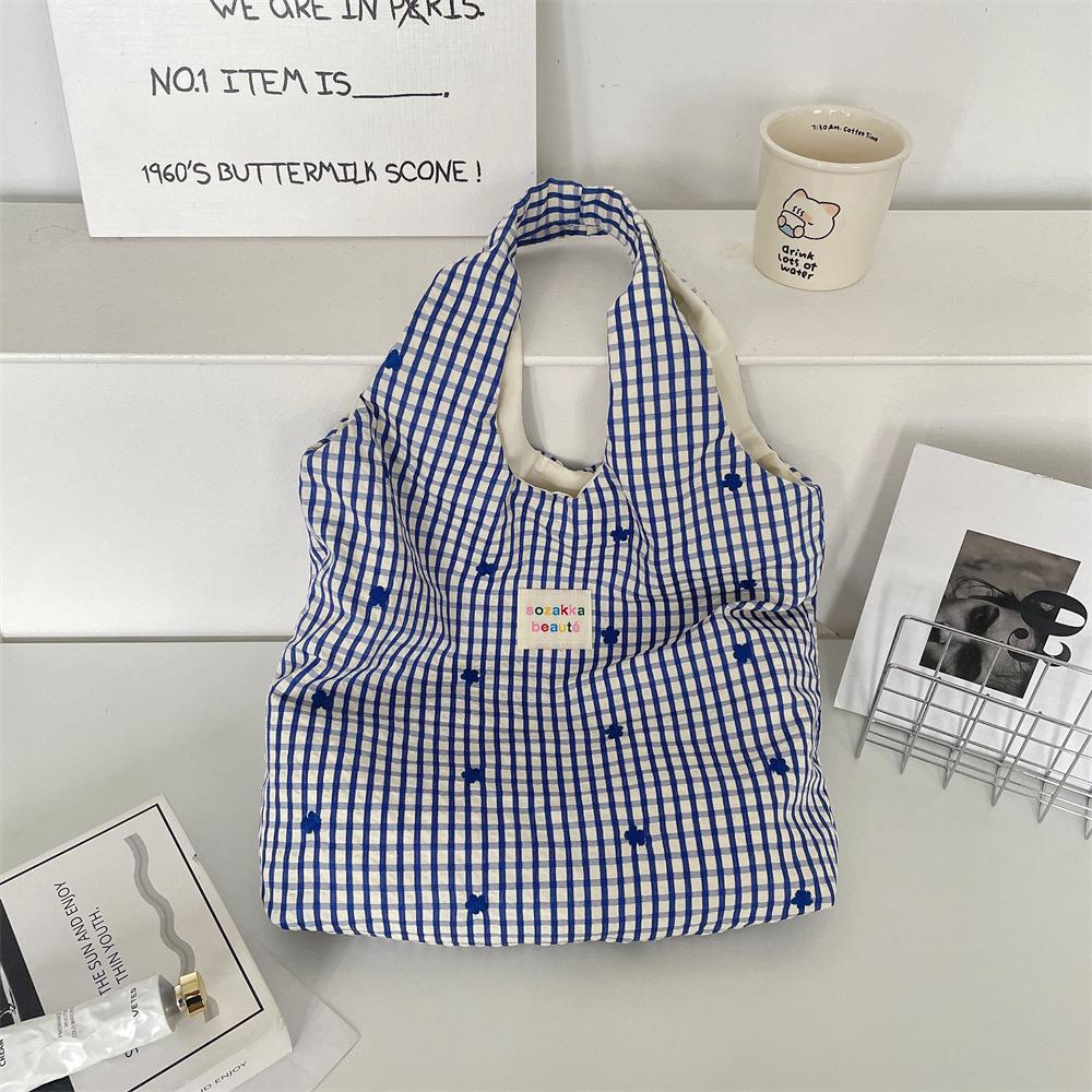 

1 Летняя новая синяя клетчатая вышитая маленьким цветком наплечная сумка-шоппер повседневная портативная холщовая сумка-жилет