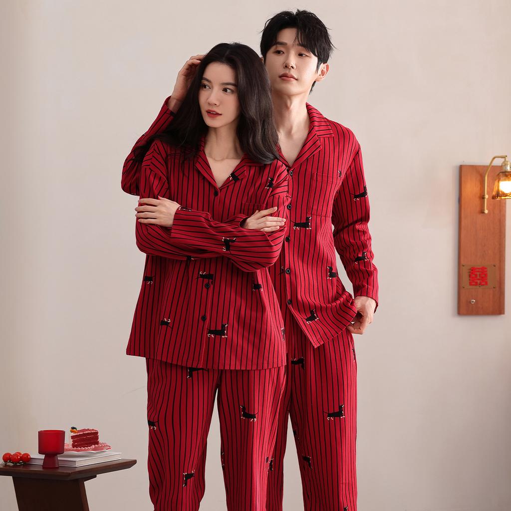 Red Pajamas Wedding Newlywed Couple Suit Pure Cotton Men's and Women's Birth Year Spring and Autumn Loungewear Suit Autumn