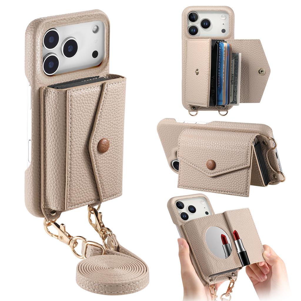 For iPhone 17 Pro Max Case Card Holder Kickstand PU Leather + PC Phone Cover with Mirror and Crossbody Lanyard