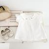 Girls Summer Hollow Out Jacquard Cotton Top Soft Breathable Flutter Sleeve Collar Embroidered Blouse