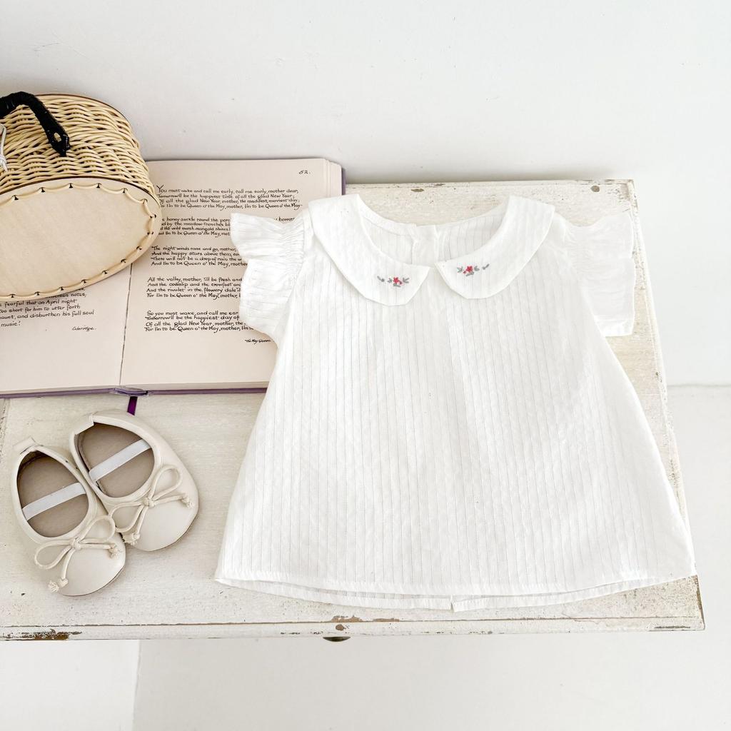 Girls Summer Hollow Out Jacquard Cotton Top Soft Breathable Flutter Sleeve Collar Embroidered Blouse