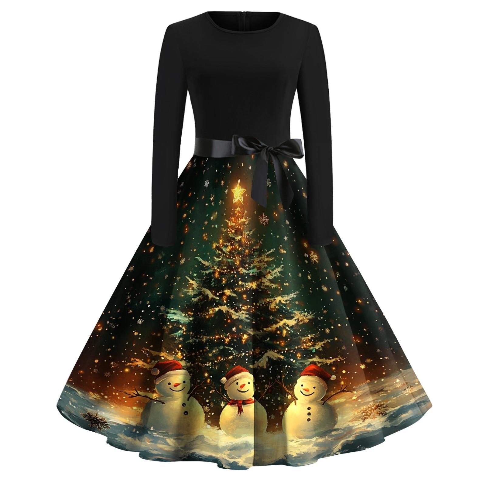 

Женское рождественское платье с круглым вырезом и большим подолом, плиссированная юбка с длинными рукавами L
