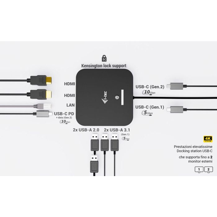 I-Tec Docking Station USB-C Dual HDMI 4K 100W con Caricatore Universale
