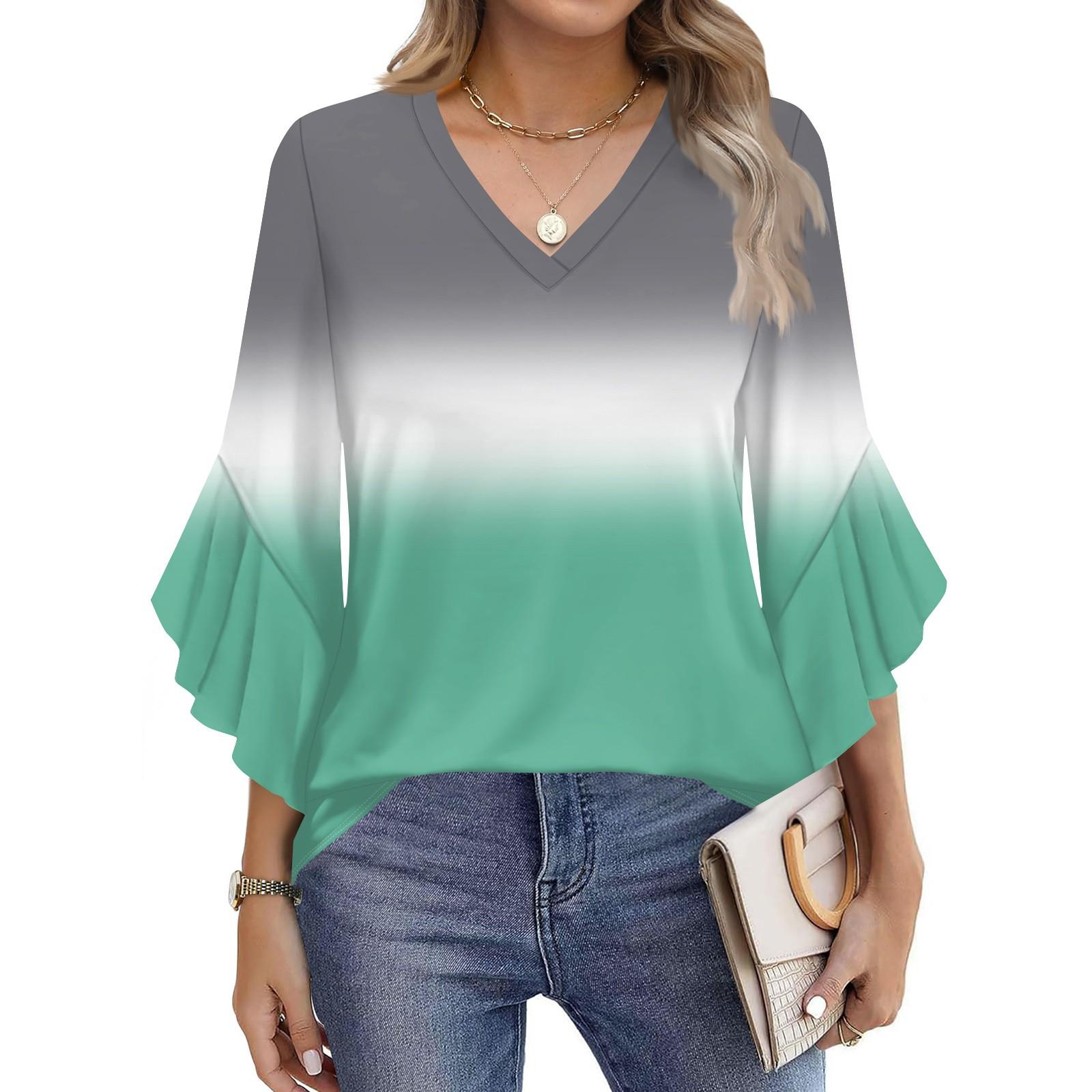 

Women s Fashion Casual Seven-minute Sleeve Gradient, Tie-dye Print Top V-neck T-shirt Flared Sleeve Shirt L армія зелений колір