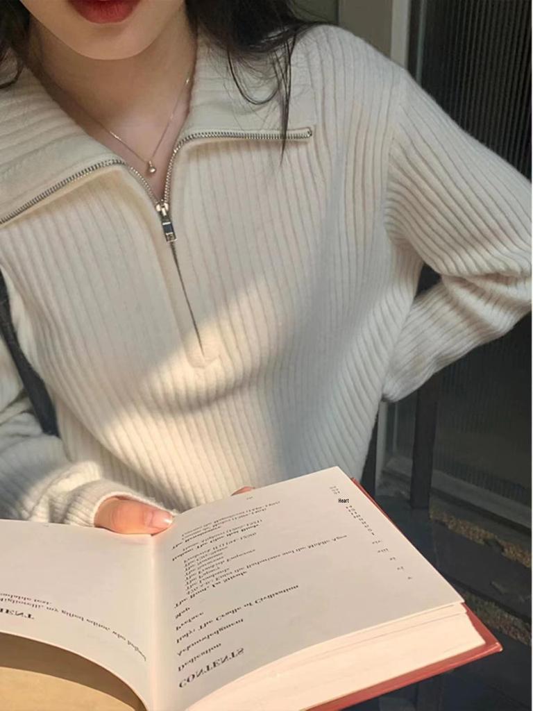 Women's High-End French Cashmere Sweater - Solid Color, Long-Sleeved, Lapel Knit Top