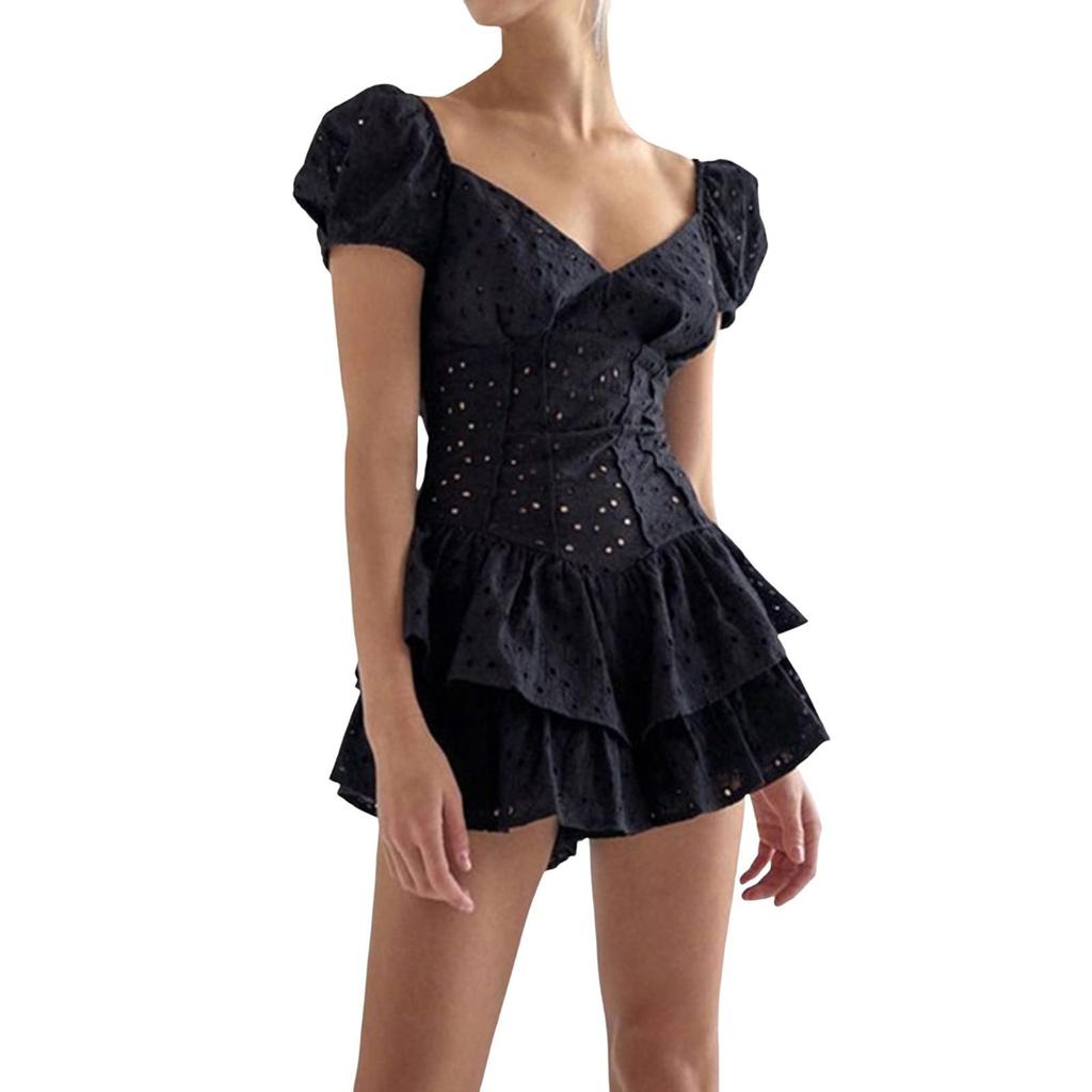 Women's Fashion Sexy Hollow Square Neck Bubble Sleeve Double Layer Dresses