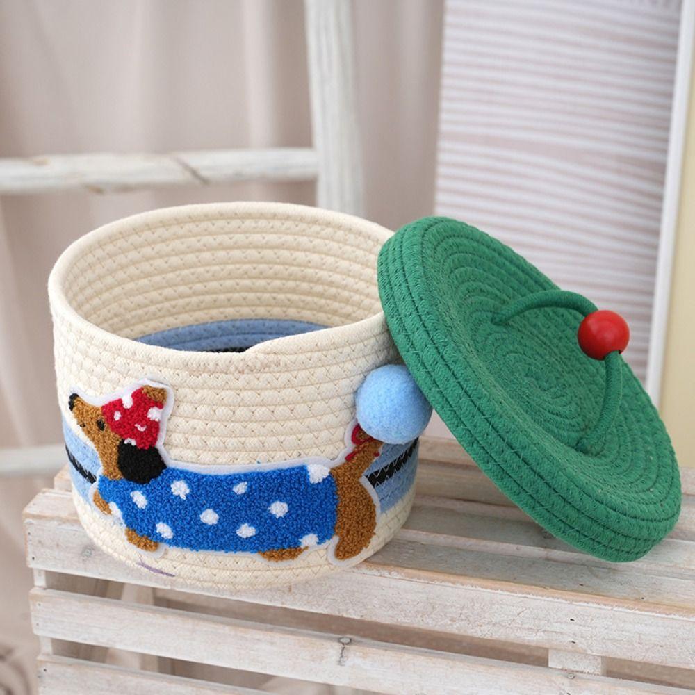Cartoon Cotton Rope Storage Basket Round with Cover Hand Gift Box Decorative Dachshund Pattern Hand Woven Basket Home Decoration