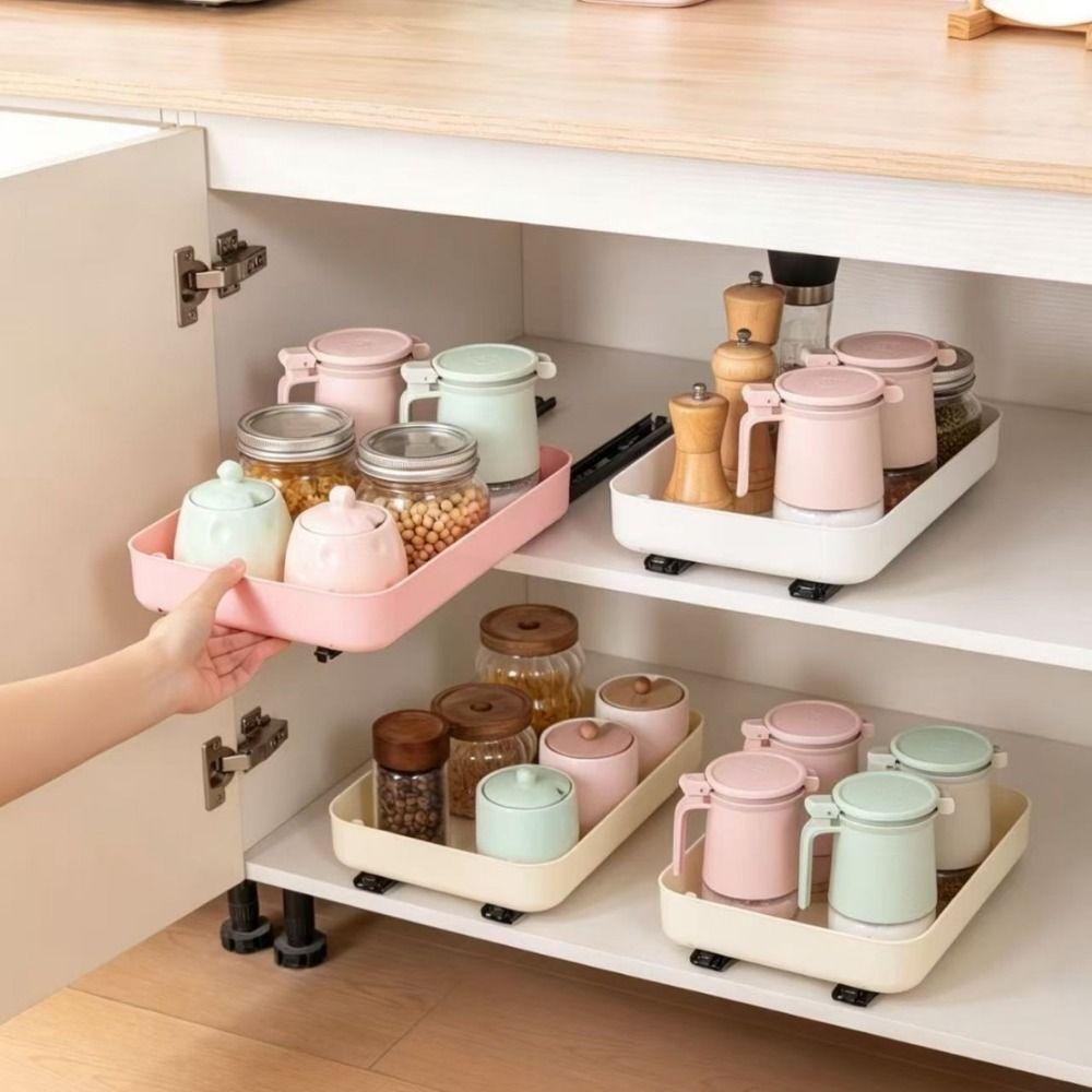Large Capacity Pull Out Storage Tray Anti-slip with Slide Rails Sliding Cabinet Shelf Plastic Slide Out Pantry Shelves Cabinet
