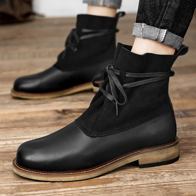Stylish Male Business Casual High Top Shoes Genuine Leather Lace-Up for Men Motocross Boots High Quality All-match Male Boots