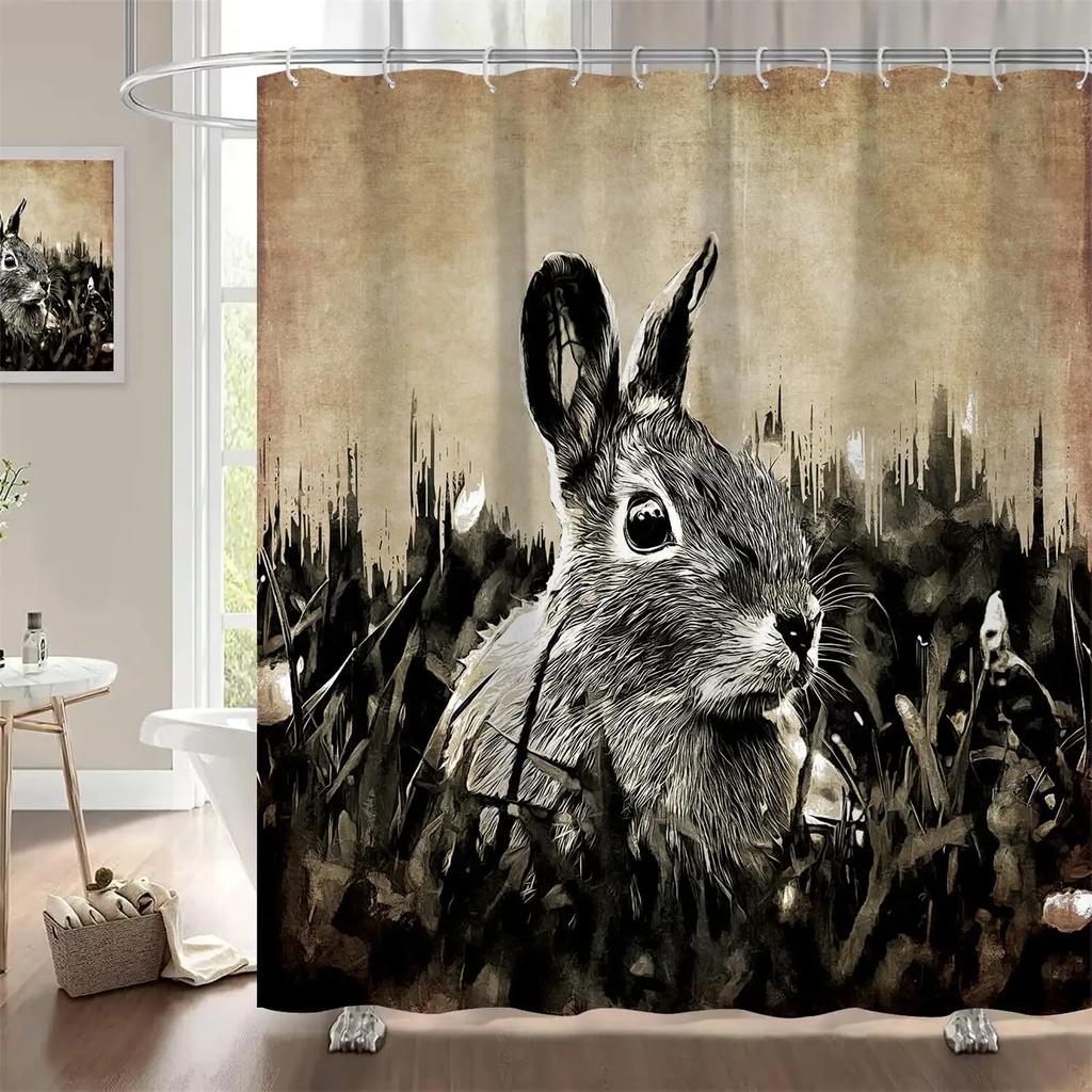 Happy Easter Bunny Shower Curtain Funny Rabbits Pink and Blue Eggs Bath Curtain Polyester Fabric Waterproof Bathroom Curtain Set