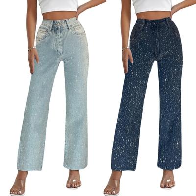 Damen Jeans mit Vollbesatz aus Diamanten, lässig, Vintage, Baggy, gerade, weites Bein, Denim-Hose