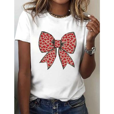 European Size Women's White Cute Red Bow & Heart Print Casual T-Shirt - A-Line Short Sleeve Round Neck Top with Bow Tie Knot Design