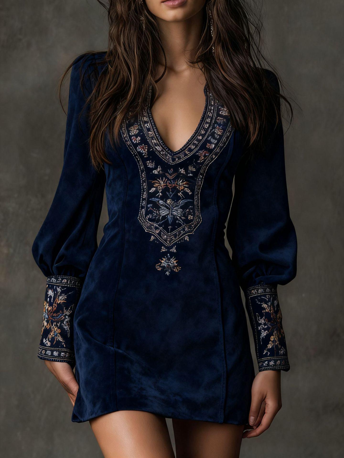 

European and American Women s V-Neck Embroidered Mini Bodycon Dress - Perfect for Dates and Commuting. 3XL темно-синий
