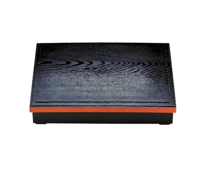 Wakaizumi Long Wooden Bento Box with Wood Grain Black Rim with Red Includes Chopstick Black with Red Lacquerware, 12-inch Pattern, Accents, Rest, D.X.