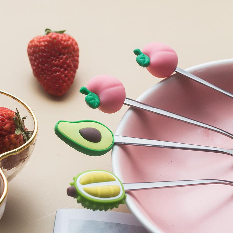 Fruit-shaped Stainless Steel Fruit Fork Spoon Creative Peach Durian Avocado  Dessert Spoon Silicone+ Stainless Steel Fruit Fork