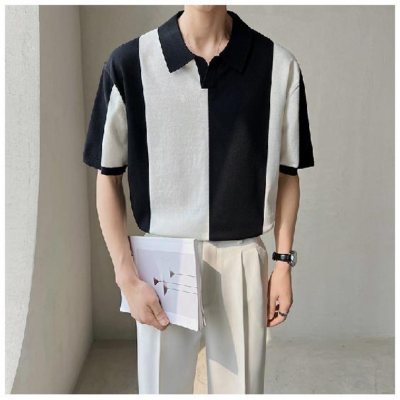 Summer Casual Loose Trendy Men's Short Sleeve Polo Shirt Trendy Gray and White Color Block Turn-down Collar Breathable Men's Knit Shirt