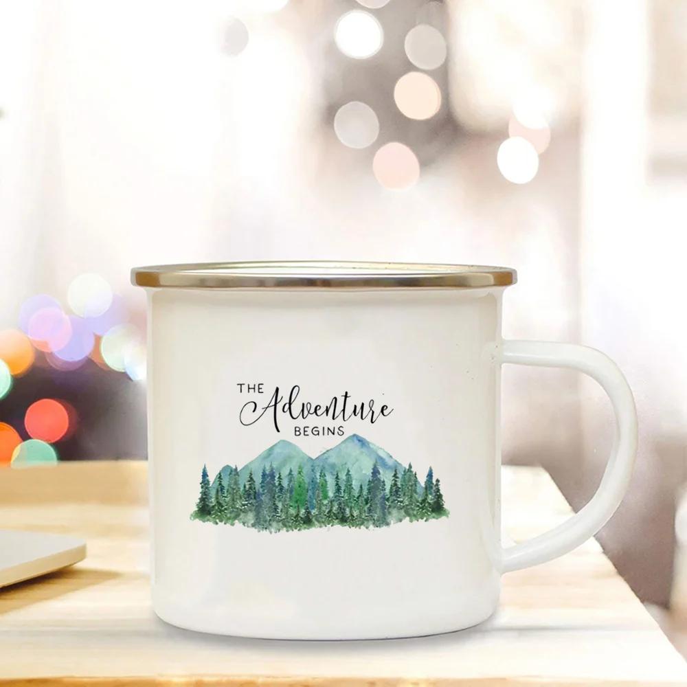 Abenteuer Campingbecher Lagerfeuerbecher mit Waldaufdruck Emaille Campingbecher Outdoor Wohnmobil Kaffee Henkeltasse Camper Beste Geschenke