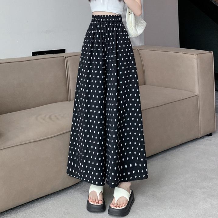 2024 Women's High-Waist Polka Dot Wide-Leg Skirt Pants - Korean Style, Summer, Nine-Point Length