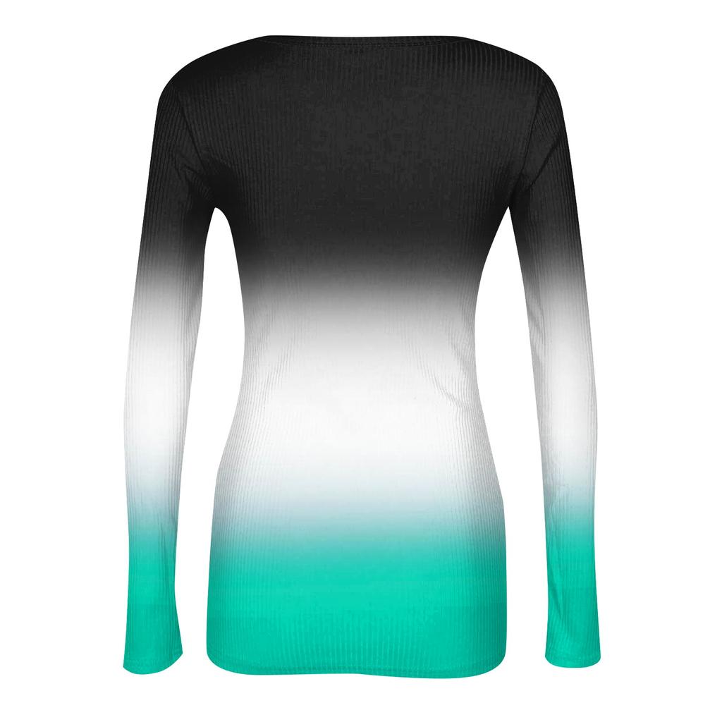 Women's And Winter Slim Fit Base T-shirt Fashionable Casual Gradient Regular Print U-neck Pullover Long Sleeved Top