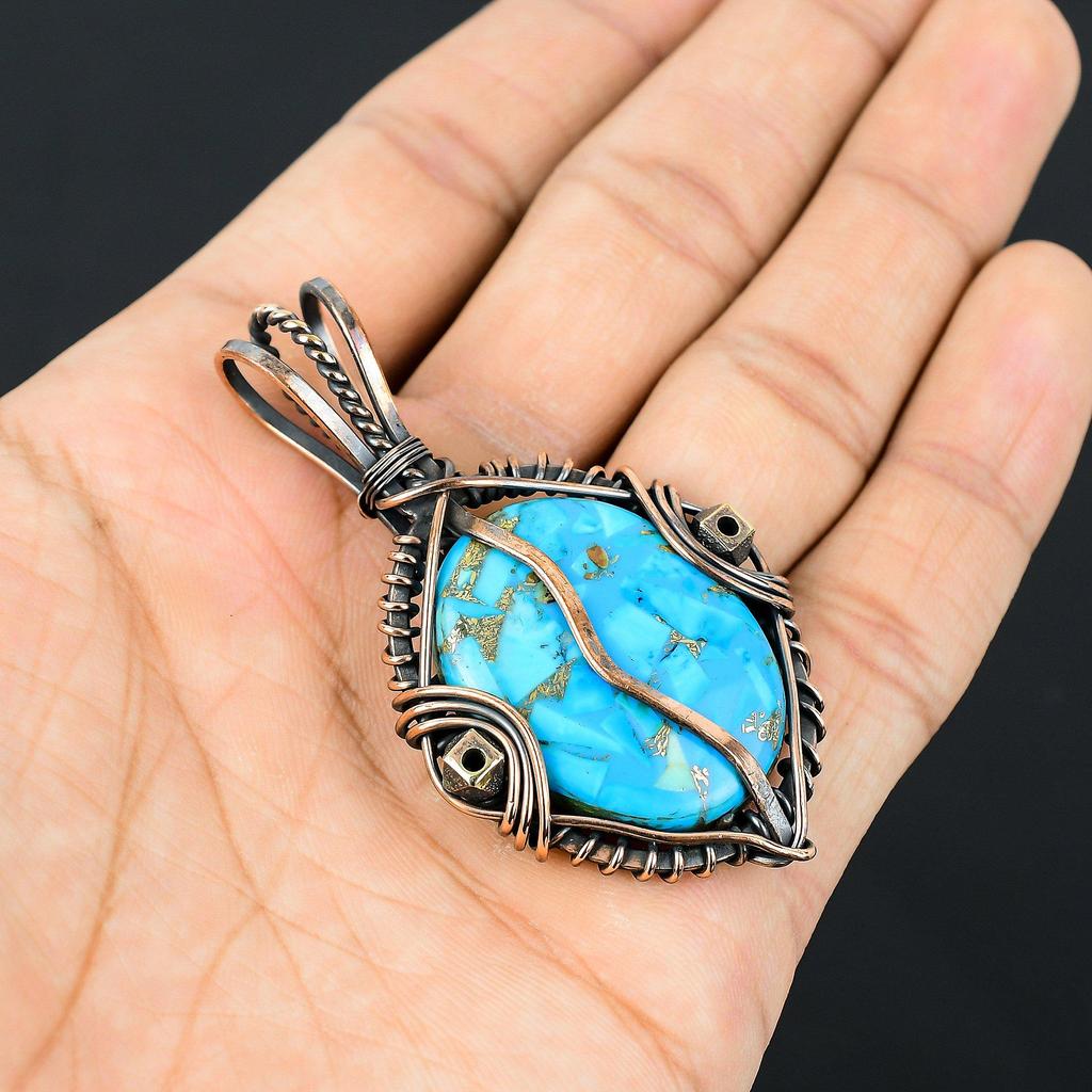 Copper Turquoise 999 Copper Wire Wrapped Pendant, Handmade Gemstone Pendant Jewelry, Gifts For Wife Brand New Pendant