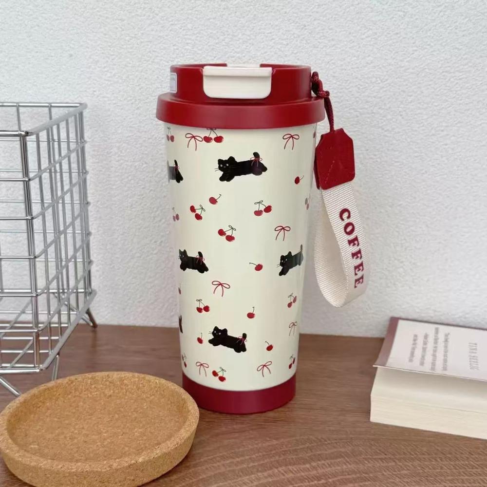 Durable 500ml Coffee Cup Cartoon Cat Pattern Stainless Steel Straw Cup Leak-Proof with Straw Thermal Cup Office